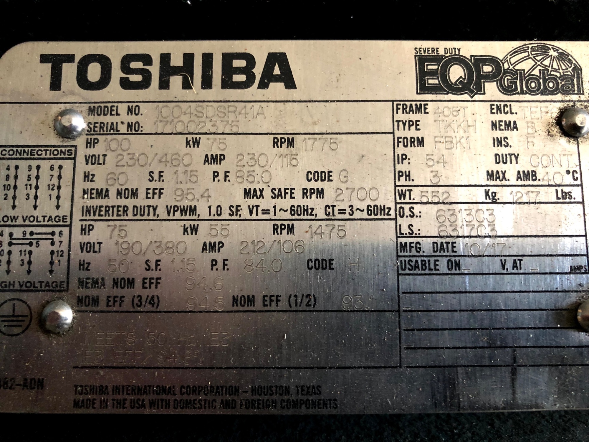 TOSHIBA 1004SDSR41A Electric Motor | Henry's Electric Motor Service Inc